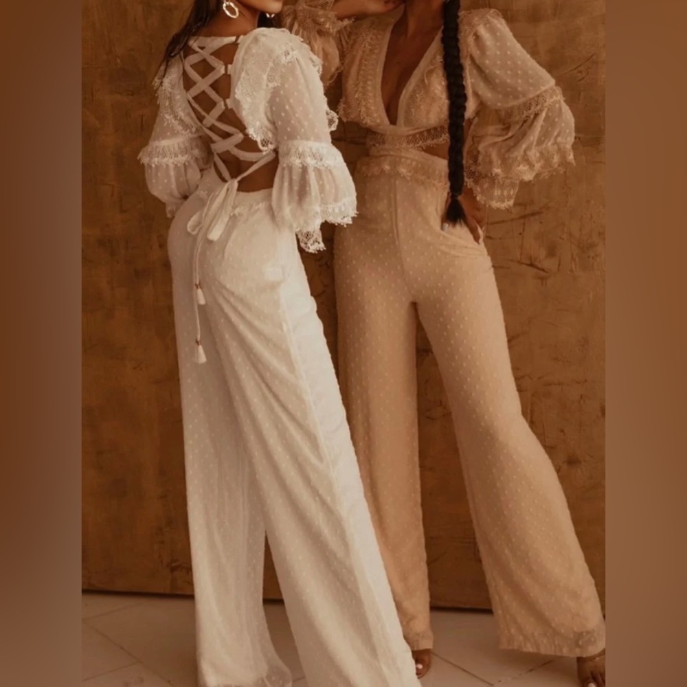 Chic Lace Jumpsuit in White and Tan